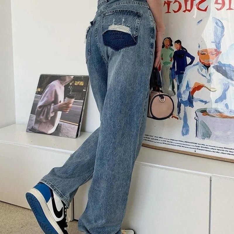 

Women s Contrast Pocket Ripped Wide-Leg Jeans, High-Waist, Slimming, Floor-Length, Summer Style Large