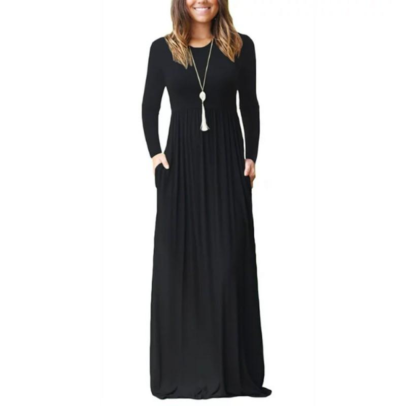 

New Round Collar Long Sleeves Solid Color Casual Pocket Dress Floor S чёрный