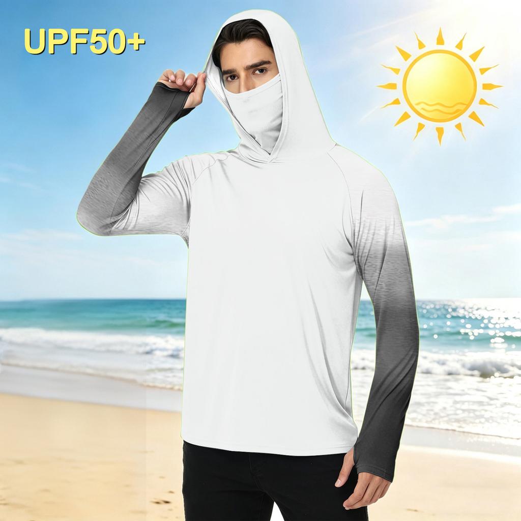 Men's Casual Outdoor Gradient Print Hooded Long Sleeve Sun Protection Shirt Lightweight Breathable UV Resistant Pullover Top