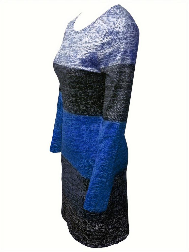 Women's Color Block Print Round Neck Long Sleeve Casual Dress - Spring/Autumn Collection