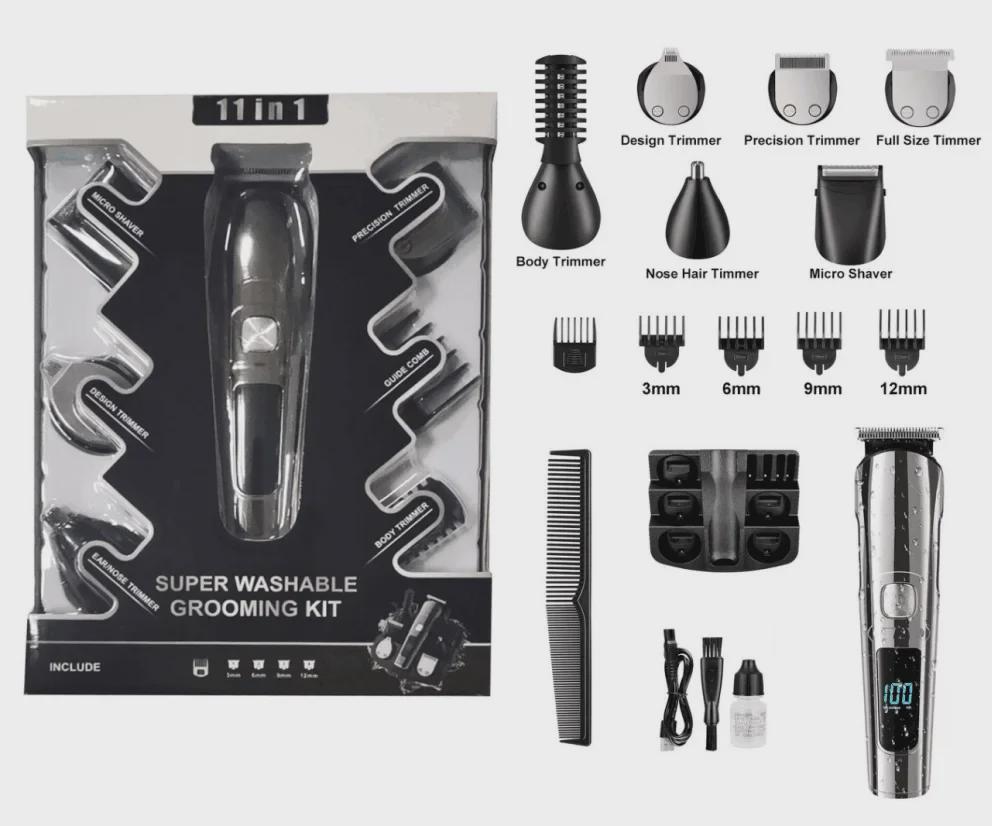 Rechargeable Multifunctional Hair Clipper Set with LCD Display - Six-in-One Electric, Washable Grooming Kit