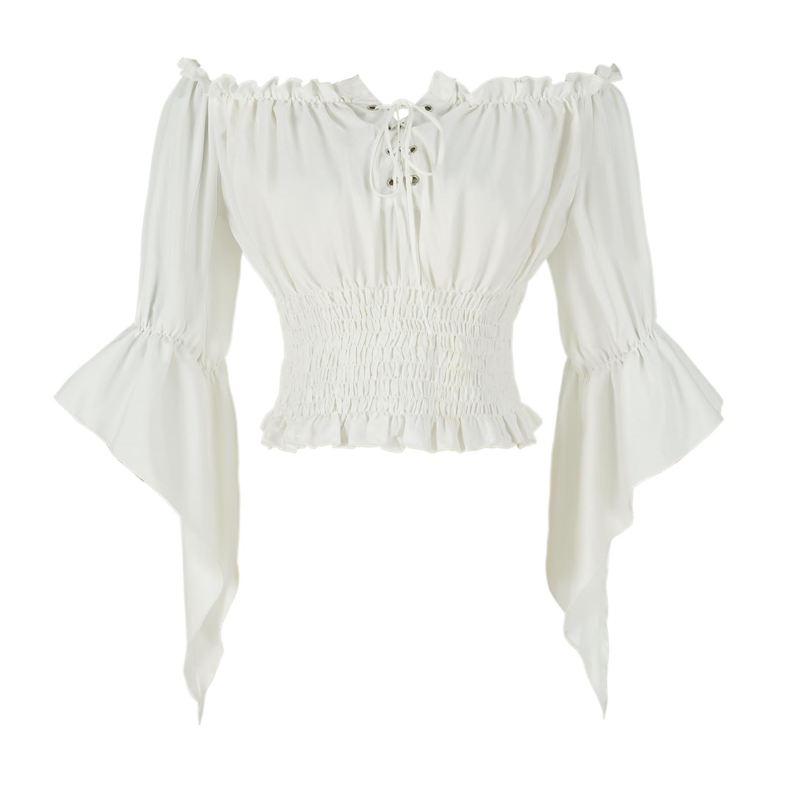 Damen Vintage Off-Shoulder Bluse mit Bindung vorne, mittellangem Ärmel, lässiges Oberteil, elastischer Bund, Rüschensaum, Hemd XL weiß