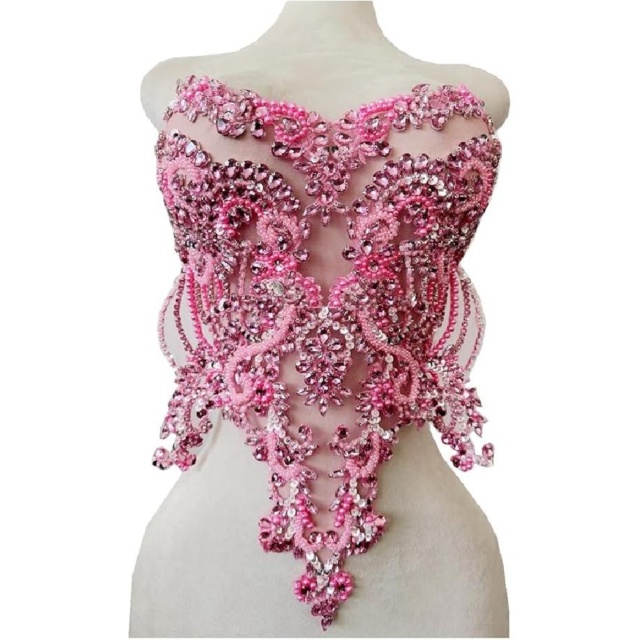 Handmade red/Blue/Gold/Green Rhinestones Lace Bodice Applique Sewing Beads Crystal Trim Patches Accessory for Dress Clothes (Light Champagne)