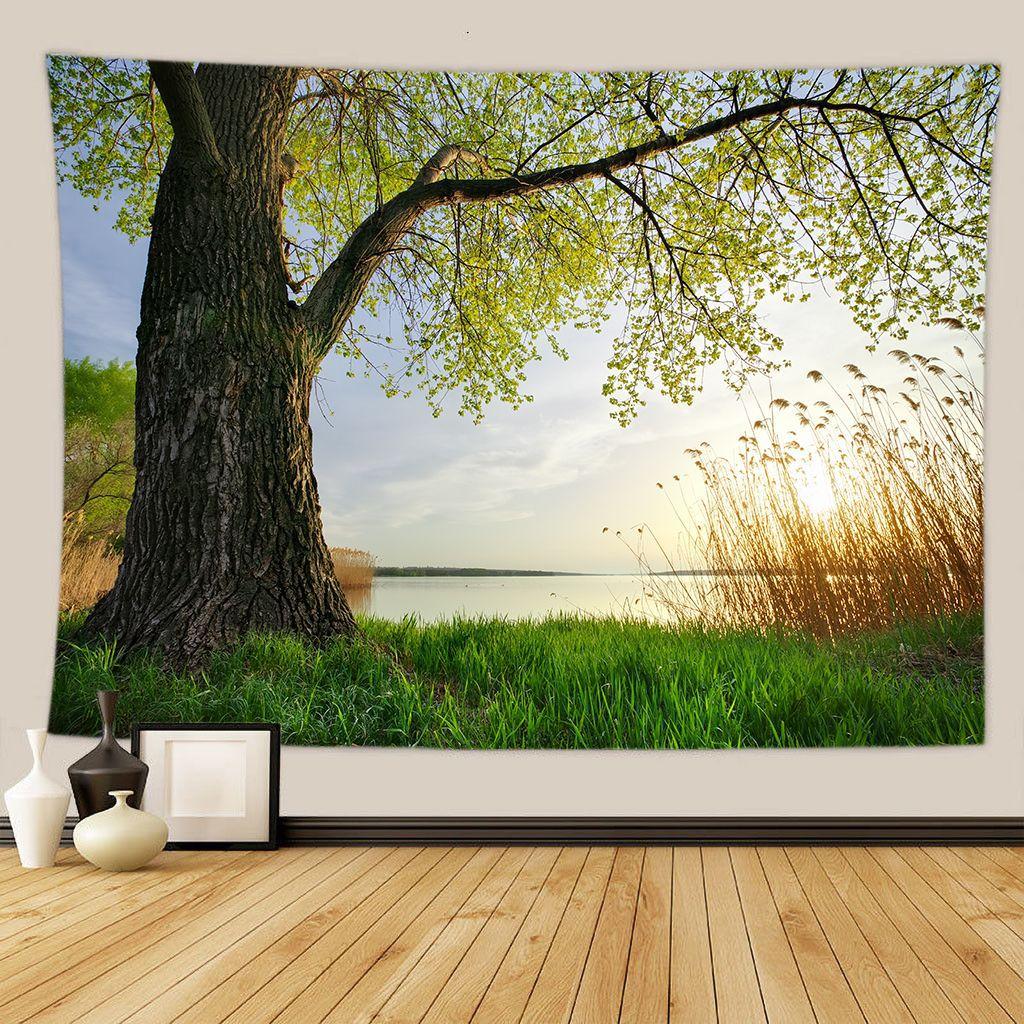 Green Forest Tree Wall Hanging Tapestries Mandala Natural Stream Flower Bedroom Wall Decor Camping Blanket  Dropshipping