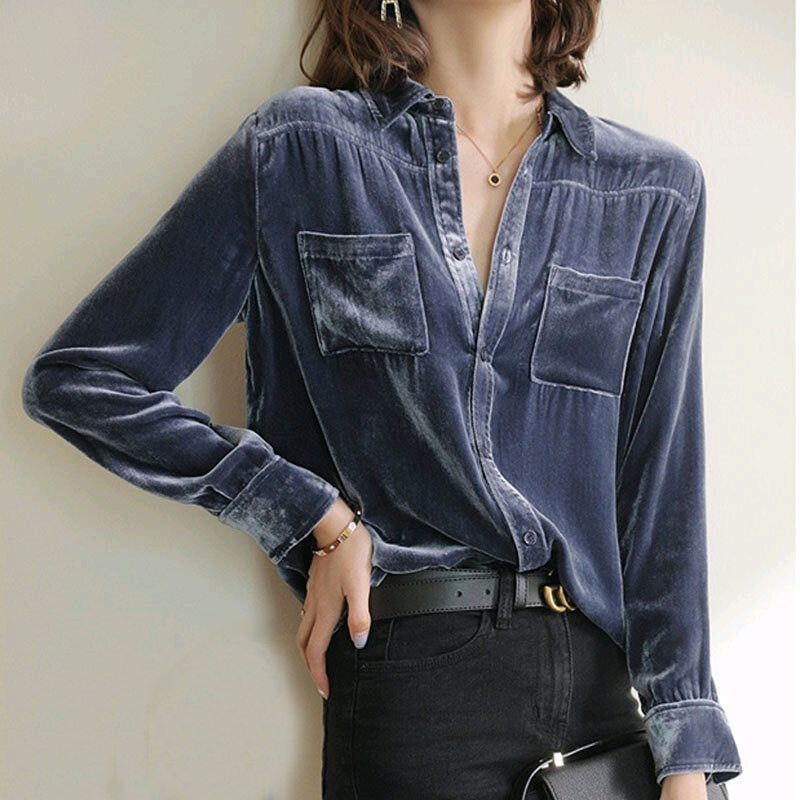 Office Lady Solid Color Polo-Neck Button Blouse Autumn Winter Korean All-match Pockets Spliced Golden Velvet Chic Shirt Women