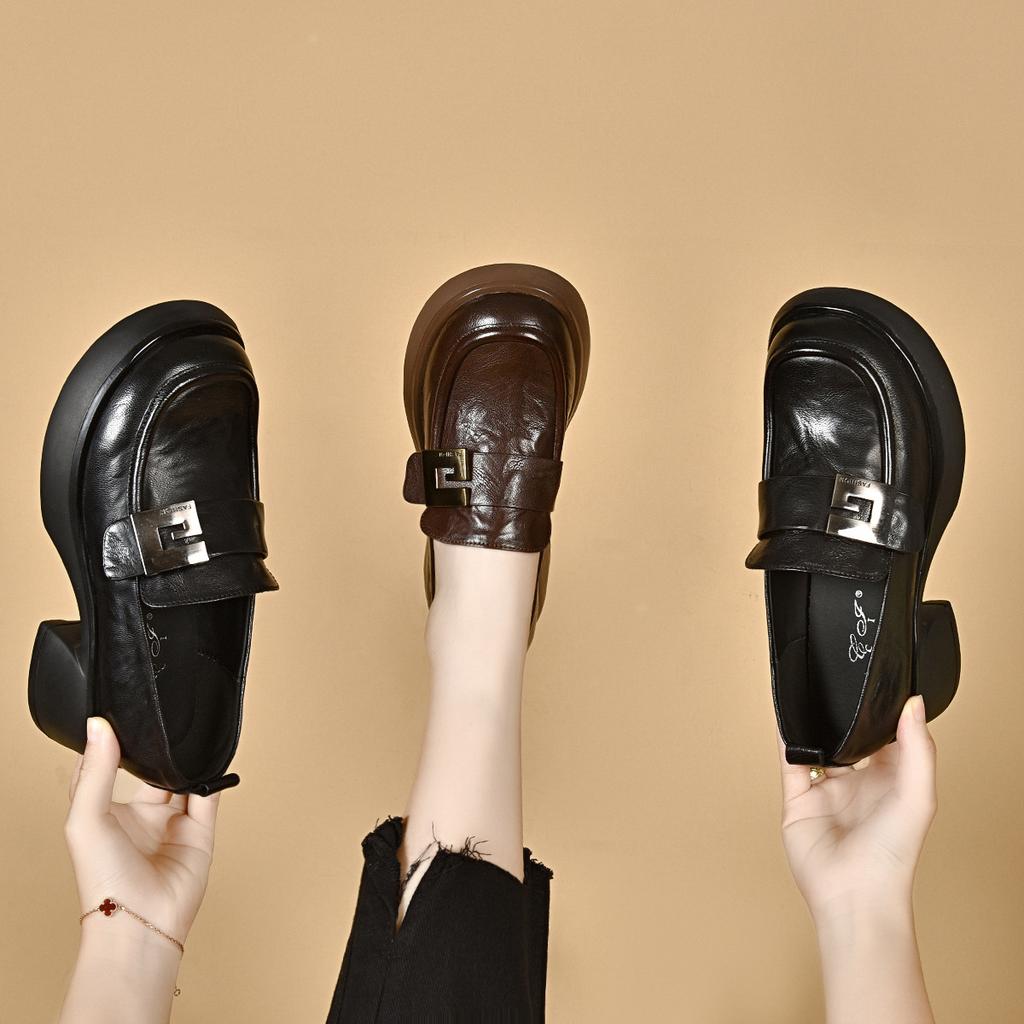 Platform Shoes Women's 2025 Autumn Round Head Waterproof Table Muffin Heel One-pedal Loafers Small Leather Shoes Single Shoes for Entities