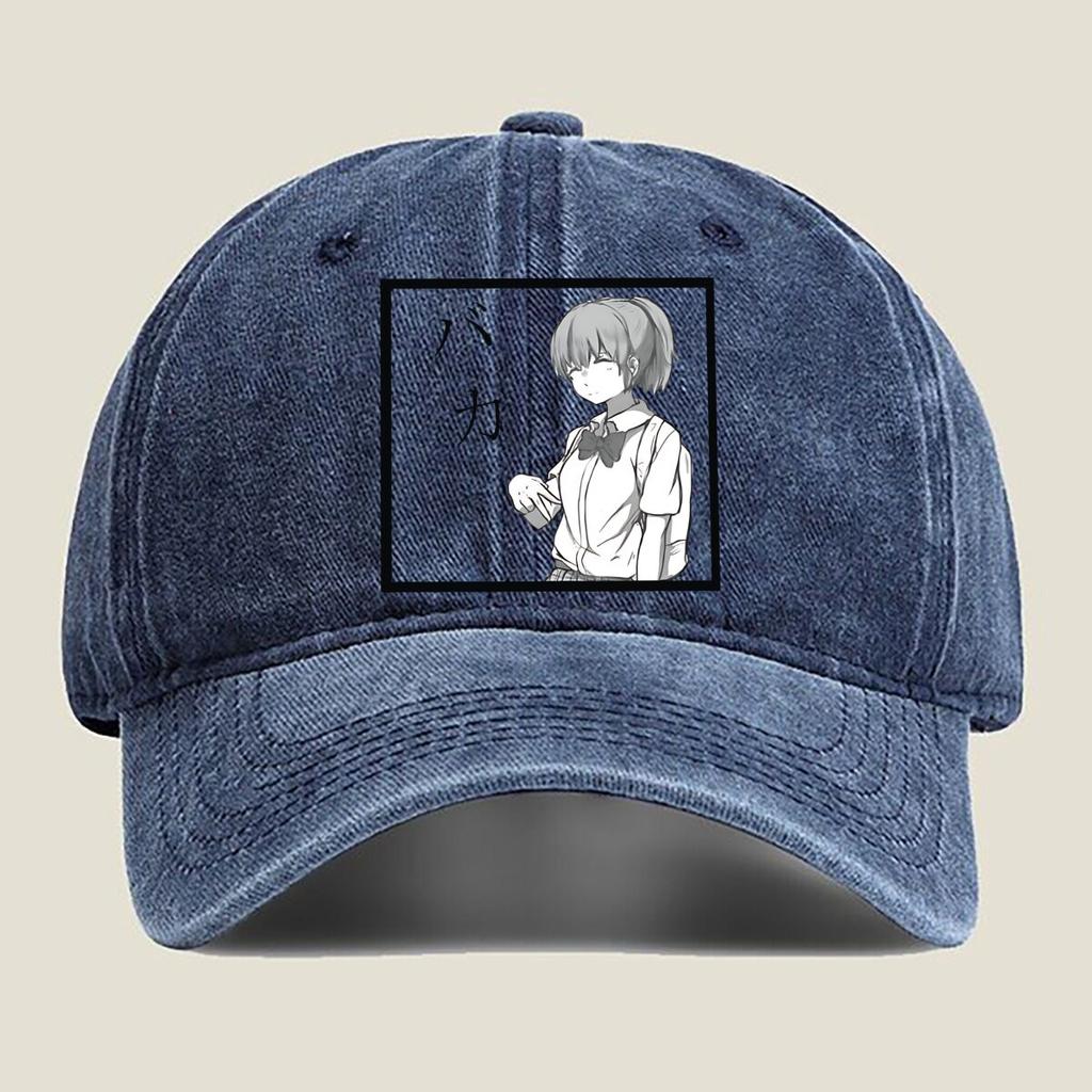 Anime Girl with “Baka” Text Washed Baseball Cap