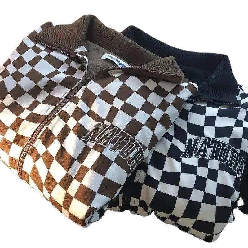 Women's Fleece Loose Sweatshirt Casual Plaid Cardigan Coat Top