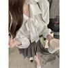 French Design Women White Bow Lace Up Long Sleeve Casual Commuting Shirt