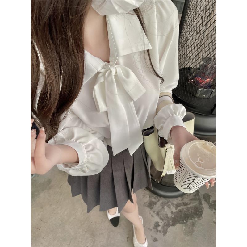 French Design Women White Bow Lace Up Long Sleeve Casual Commuting Shirt