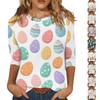 Tricou Casual Modern pentru Femei cu Imprimeu Iepuraș și Ouă de Paște, Gât Rotund, Mânecă Trei Sferturi