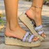Women's Wide Width Ethnic Style Platform Slides - Jute Wedge Sole Color Block Sandals for Summer, Bohemian Mules