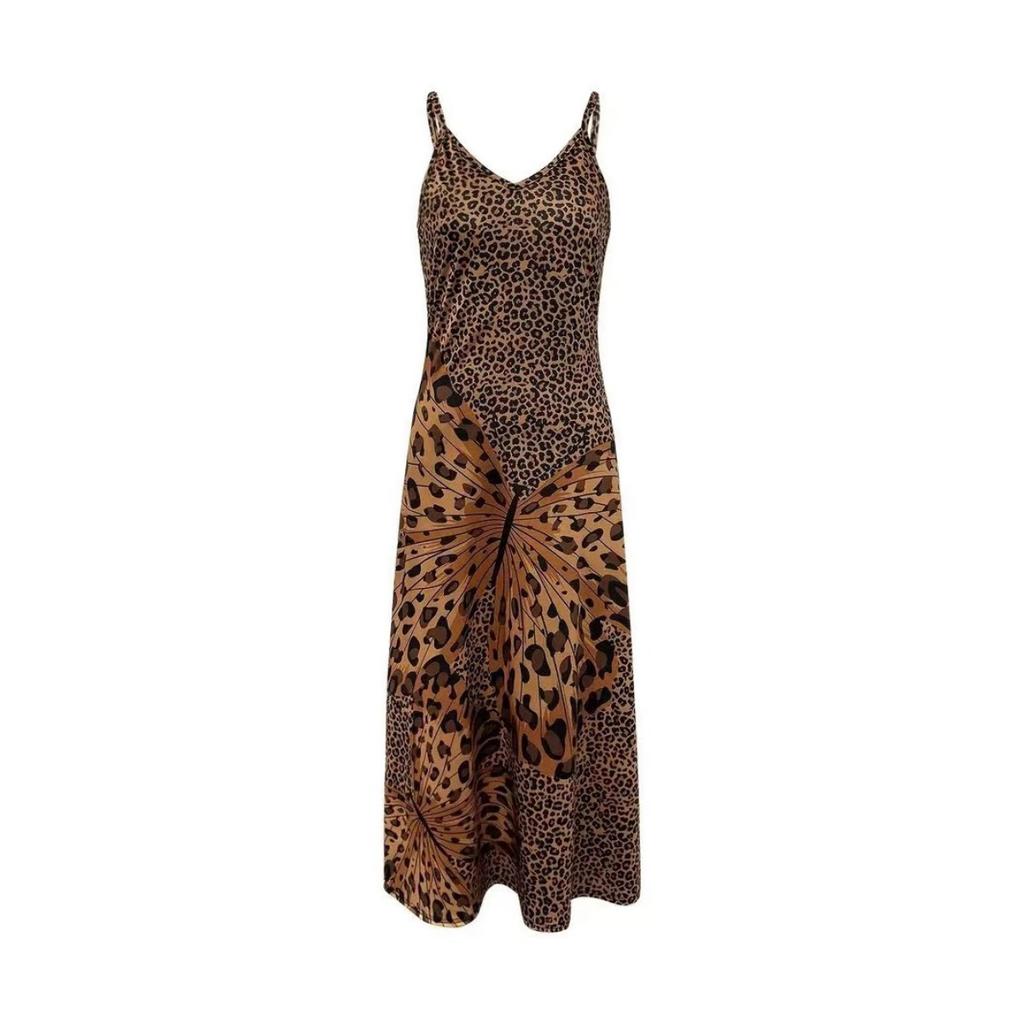 New Women's V-neck Sleeveless Maxi Dress, Leopard Butterfly Print Suspender Long Dress