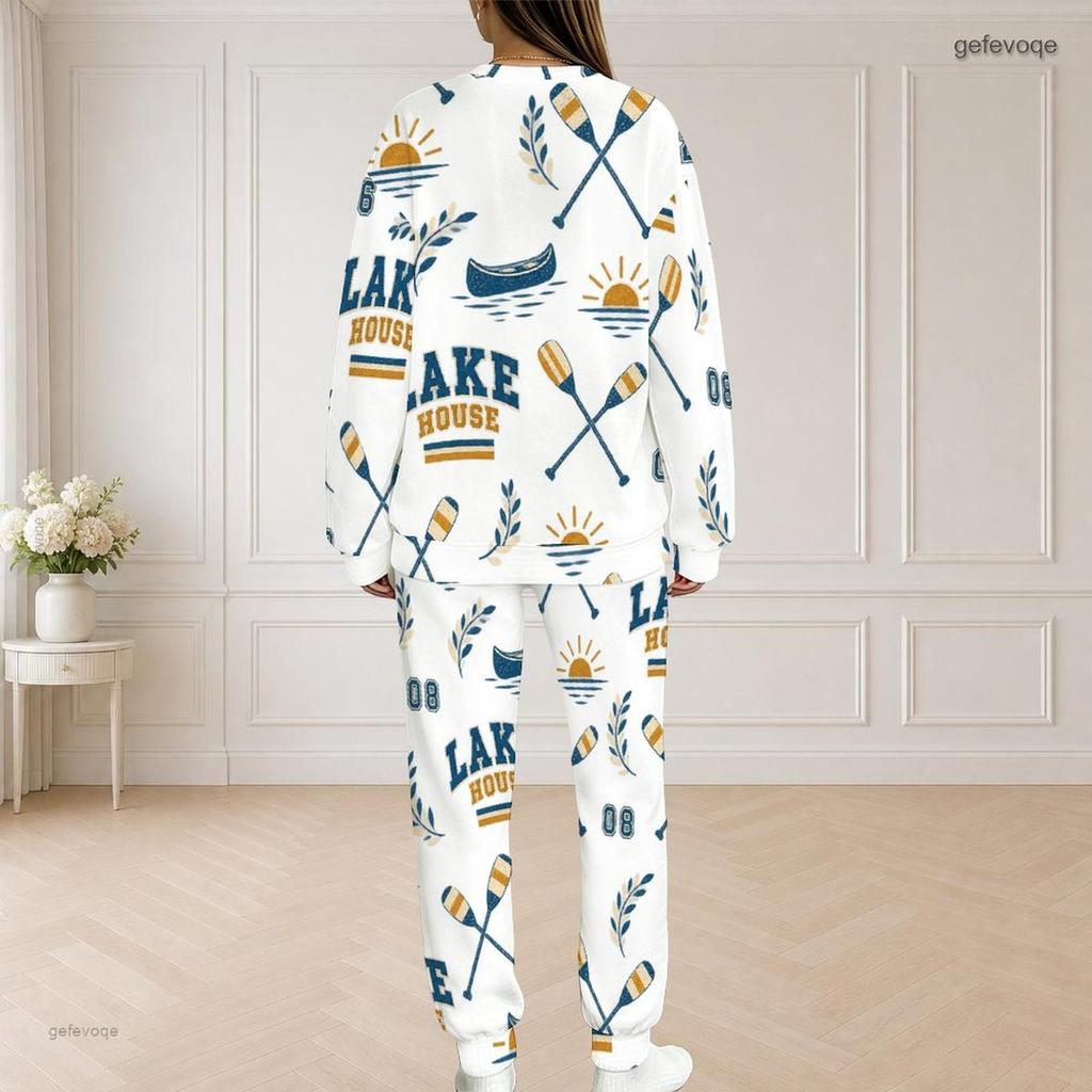 Women Plus Size White Sailboat Printed Round Neck Long Sleeve Top And Pants Two Piece Set