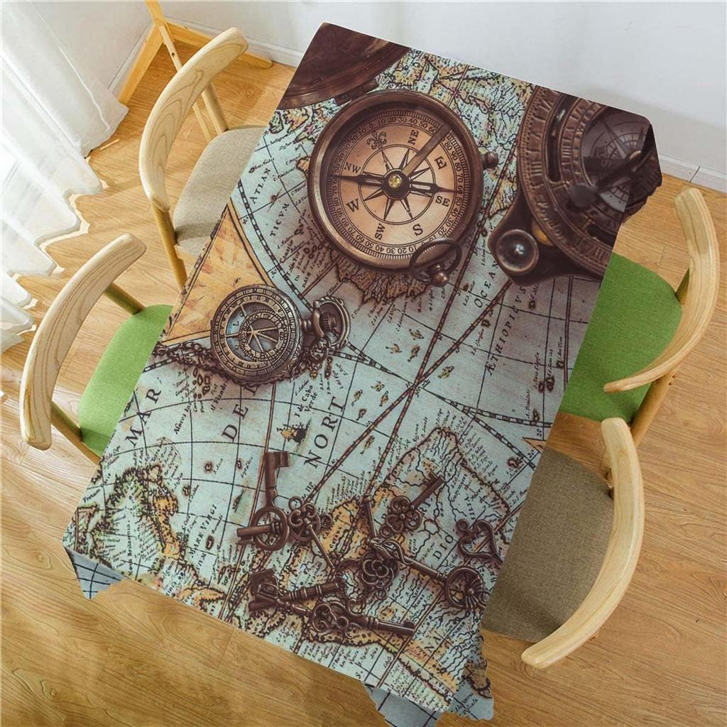 Ancient World Map Compass Skeleton Key Rectangle Tablecloth Table Decor Waterproof Kitchen Dining Tablecloth Holiday Party Decor