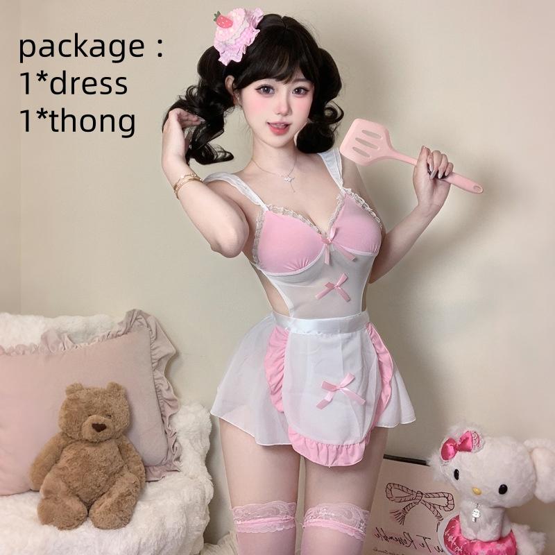 Sweet Lolita Dresses Cosplay Costume Men Women Maid Outfit Anime Sexy Pink White Apron Dress HOT See-through Backless Uniform