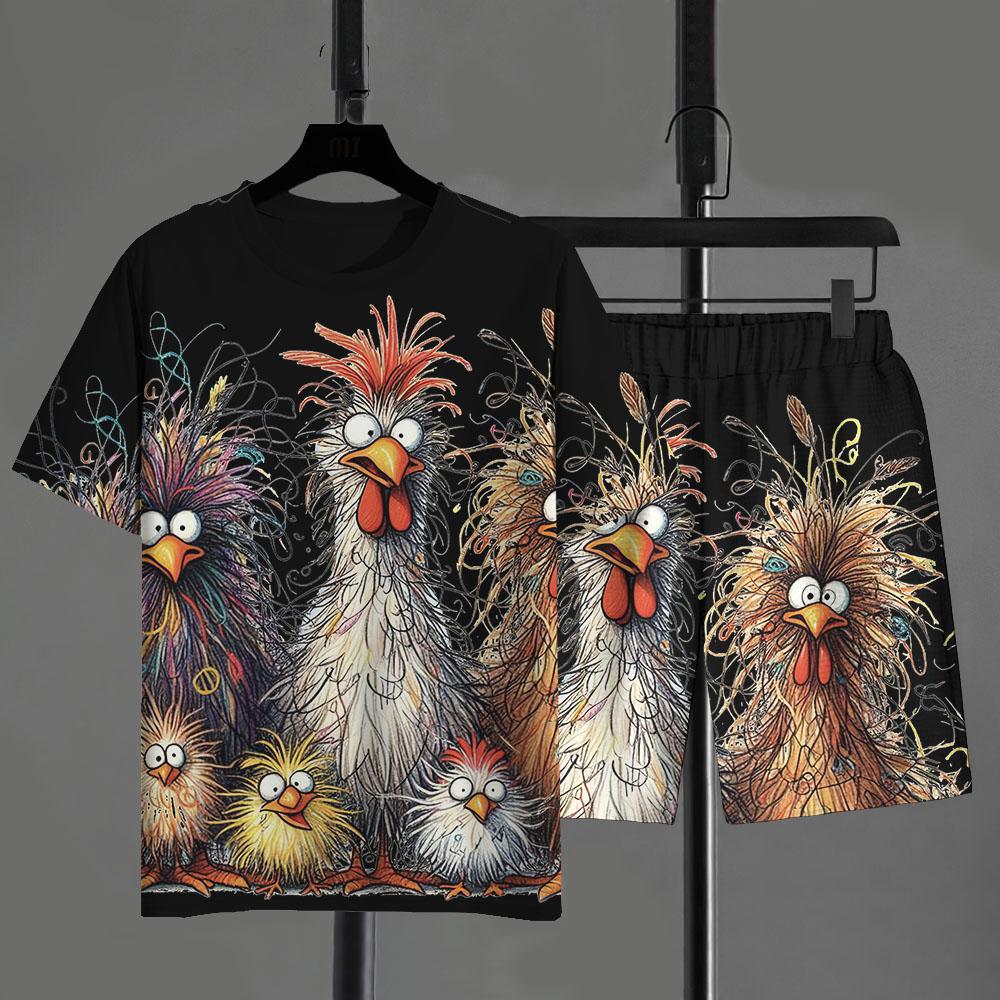 ETST 26 Grappige Heren T-shirt Broek Set Cartoon Kip Print Zomer Casual Korte Mouw Pullover T-shirts Buiten Mannen Oversized Kleding 5XL