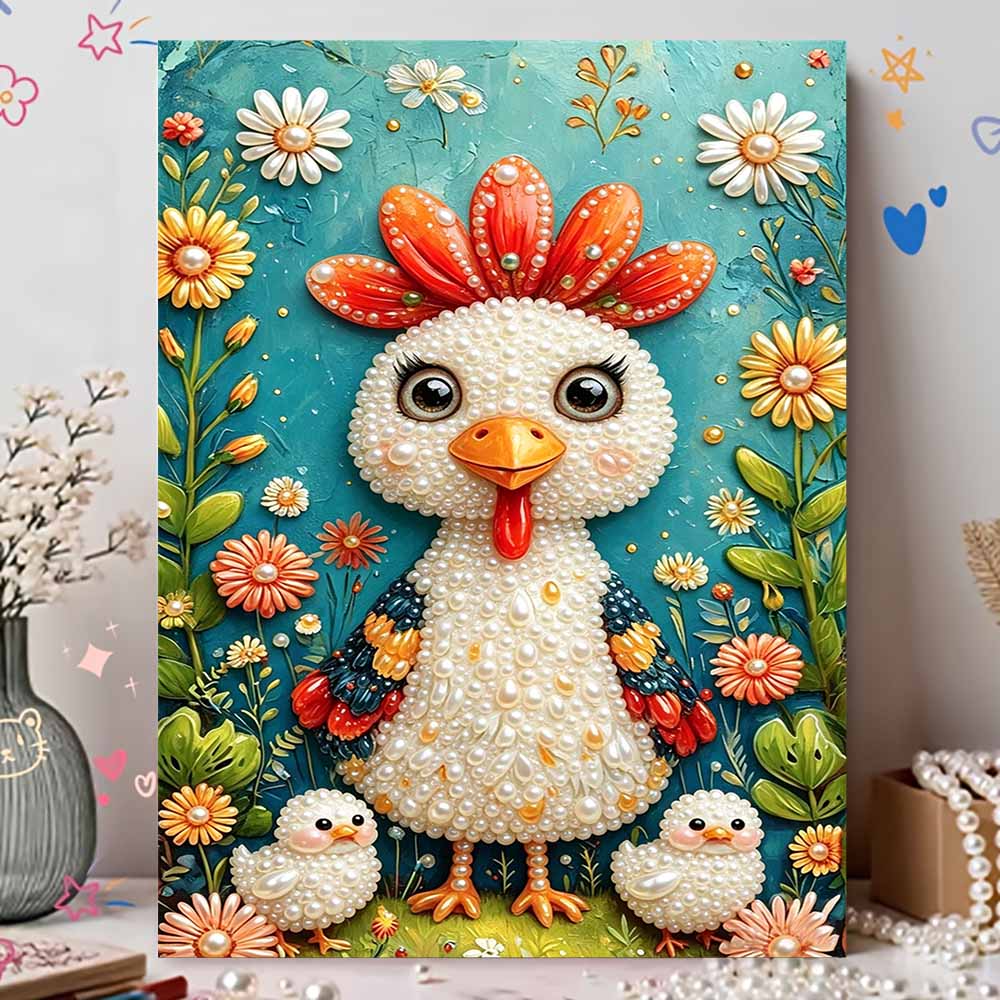 Elegant Framed Pearl Art DIY Set with Cute Chicken Floral Design 5D Sparkling Bead Canvas Painting Ready To Display Romantic Home Decor Gift