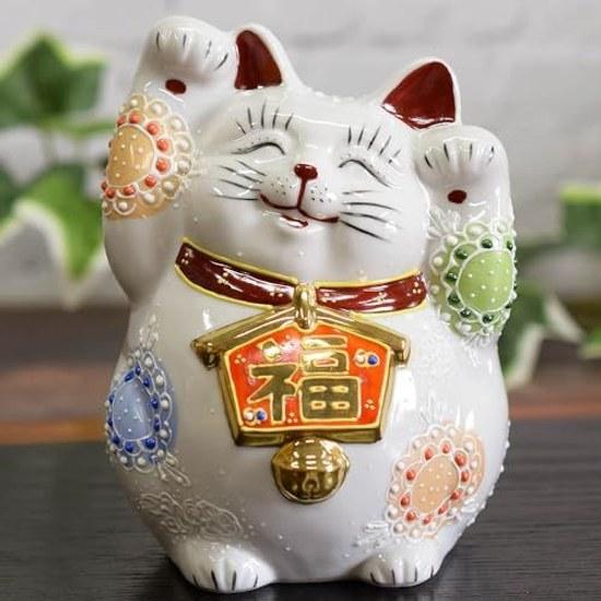 Waza no Kura cute beckoning cat ornament Kutani ware both hands raised ema white glaze feng shui good luck interior pottery Japanese style small items