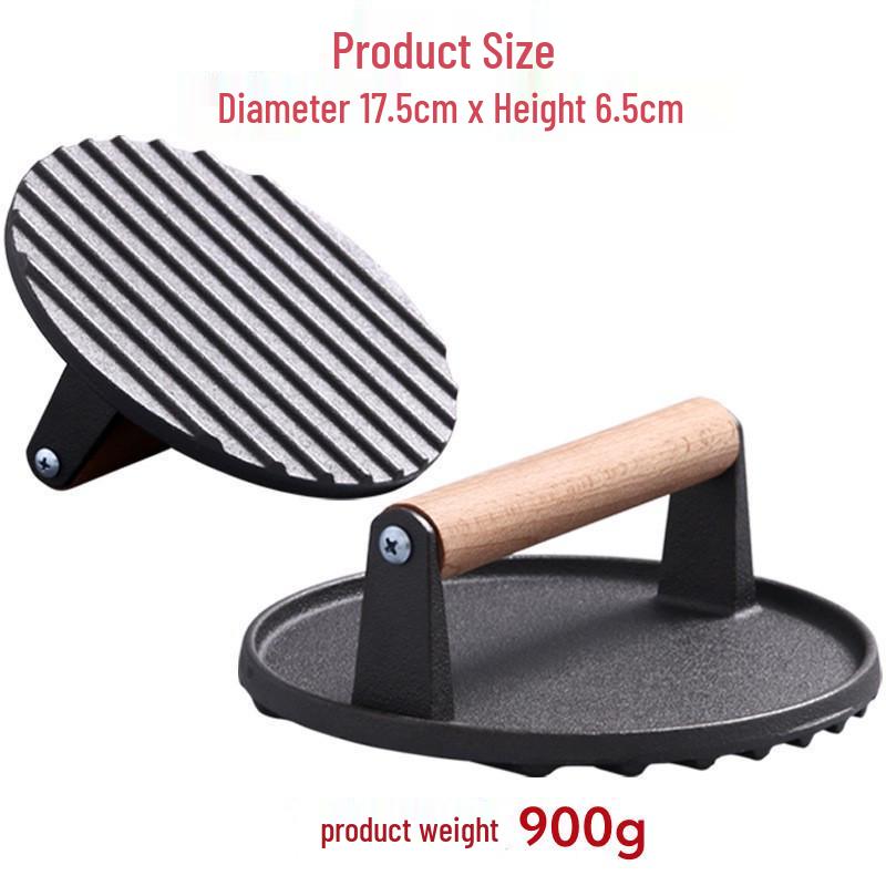 Wooden Handle Cast Iron Meat Press for Steaks and Hamburgers