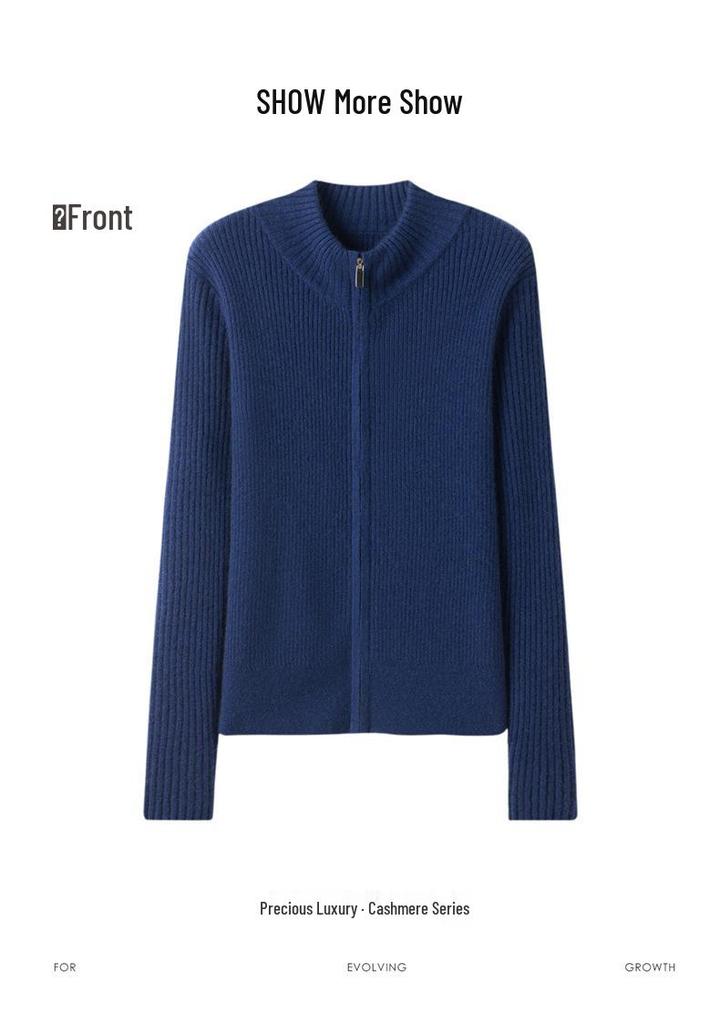 Lekasha Striped Cashmere Stand Collar Zip Cardigan