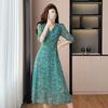 Summer Chiffon Wavy V-neck Bubble Sleeve Dress for Women's Fashion Breathable Slim A Word Medium and Long Dress