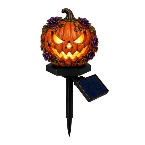 Halloween Party Accessory Solar Pumpkin Garden Stake Light, Waterproof Resin LED Jack O Lantern Lantern, Spooky Yard Lighting for Outdoor