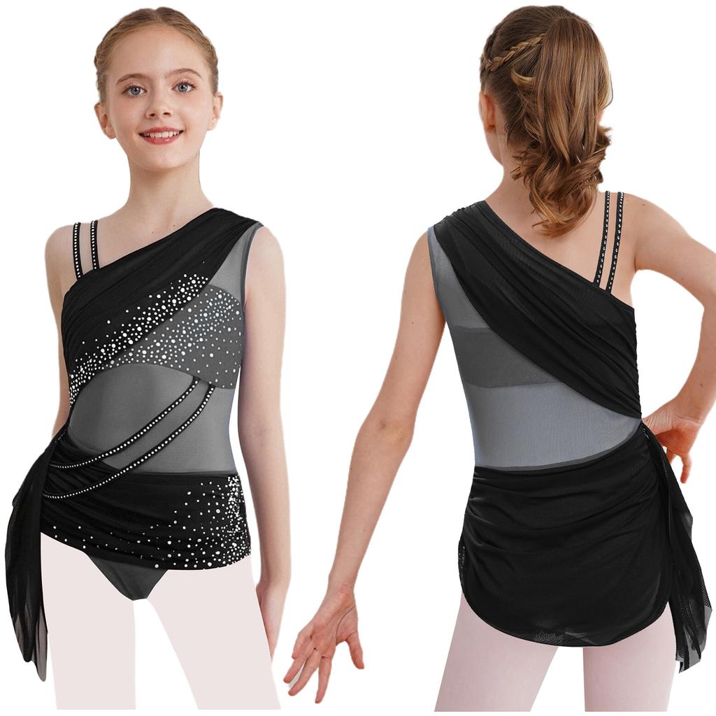 Girls Lyrical Dance Dress Color Block Design Sheer Mesh Ruched Overlay Asymmetrical Glittery Rhinestones Dress