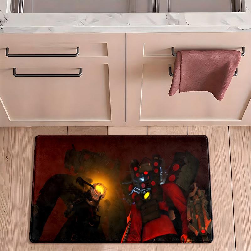 Skibidi Toilet Flannel Kitchen Floor Mat Absorbent Non-Slip Soft Standing Mat Washable Comfortable Kitchen Rug for Home Sink Laundry