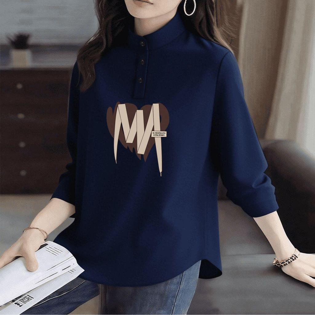 Women's Plus Size Long-Sleeve T-Shirt with Stand Collar and Lapels - De Rong Base Layer, Autumn/Winter Style for a Slimming Look