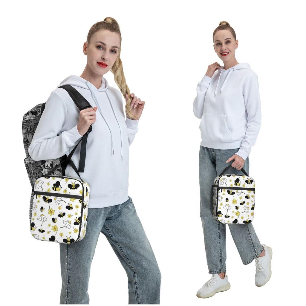 Flowers And Bee Pattern Insulated Lunch Bag for Women Children Leakproof Food Boxes Thermal Lunch Box Tote