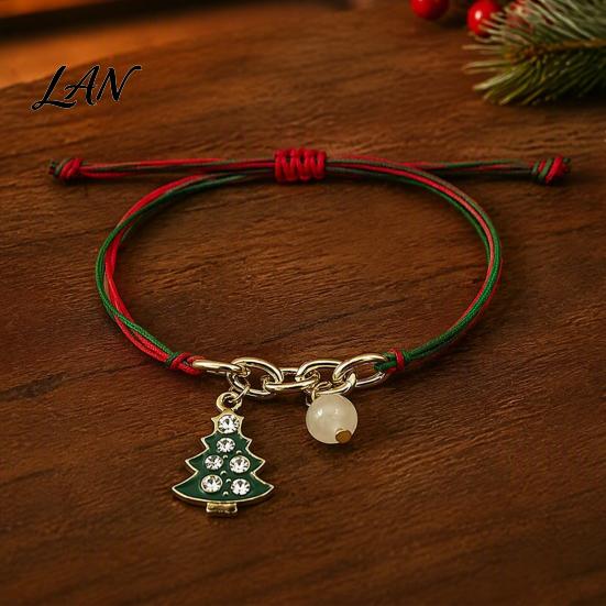 Christmas Party Favors Bracelets, Red Green String Bracelet, Adjustable Charm Bracelet Novelty Decorations with Glow in The Dark Bead for Women Girls