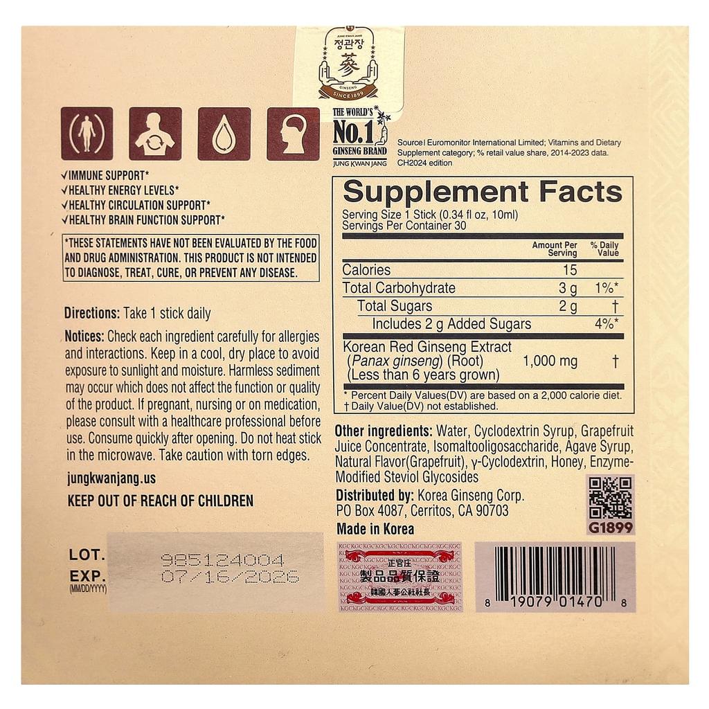 Korean Red Ginseng Extract, Everytime, Grapefruit, 30 Sticks, 10Ml (0.34Fl Oz) Each