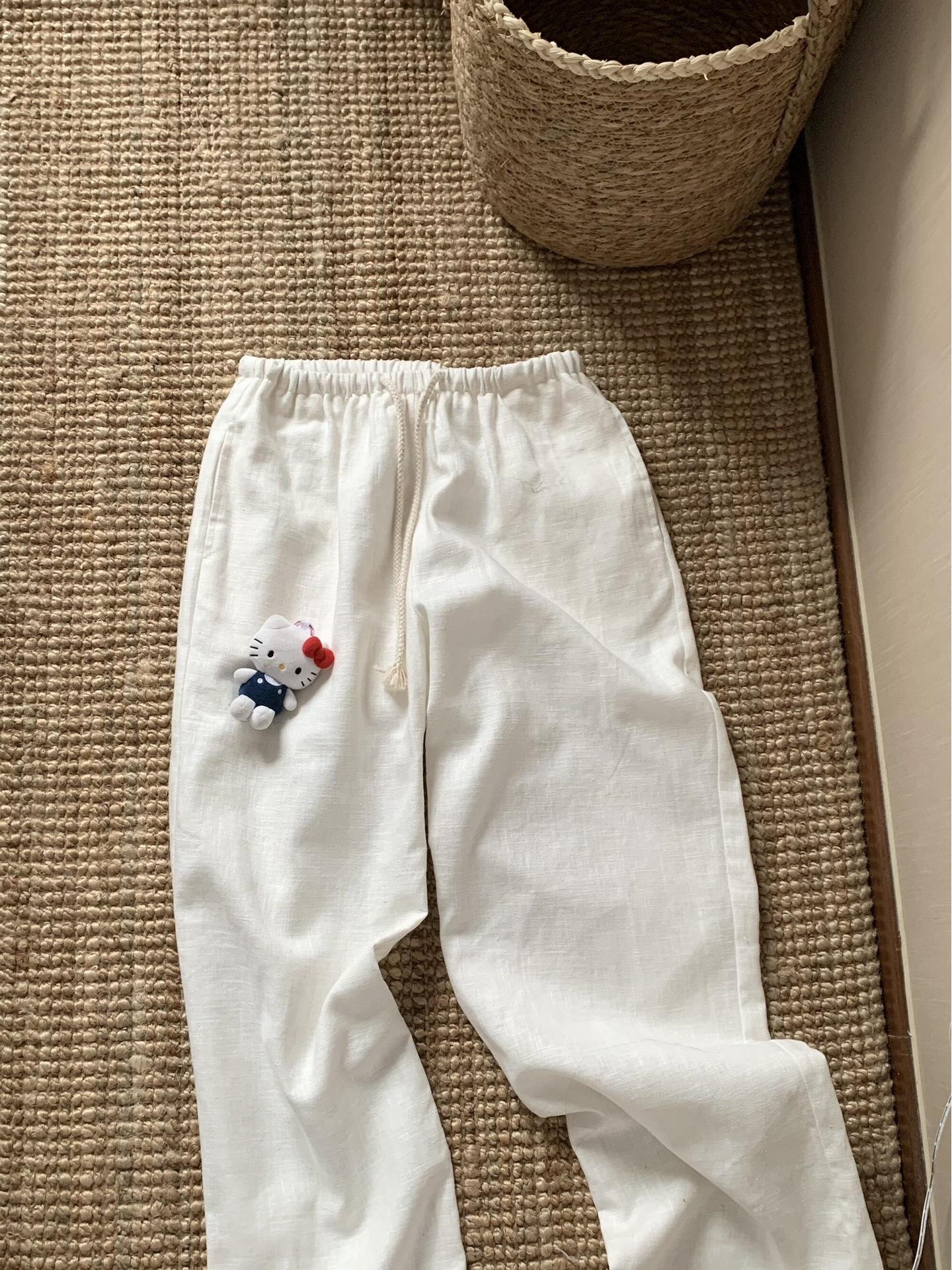 

Women s Loose-Fit White Linen Drawstring Pants with Narrow Waistband and Pockets - 2026 Spring/Summer Straight-Leg Style Extra Large белый