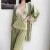 1011 Lace Cardigan Long Sleeve Long Pajama Pants Set Three-piece Golden Velvet Pajamas Women's Home Sweet and Fresh Pajamas