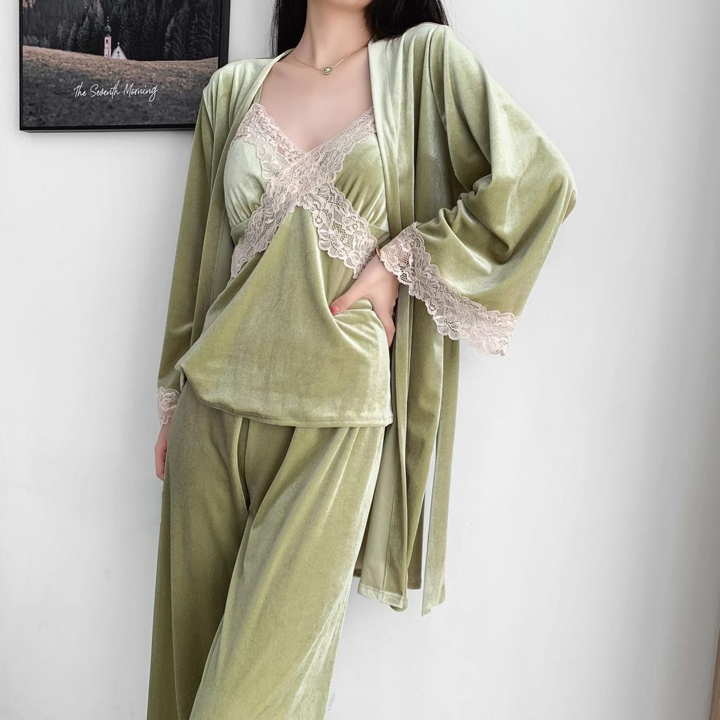 1011 Lace Cardigan Long Sleeve Long Pajama Pants Set Three-piece Golden Velvet Pajamas Women's Home Sweet and Fresh Pajamas