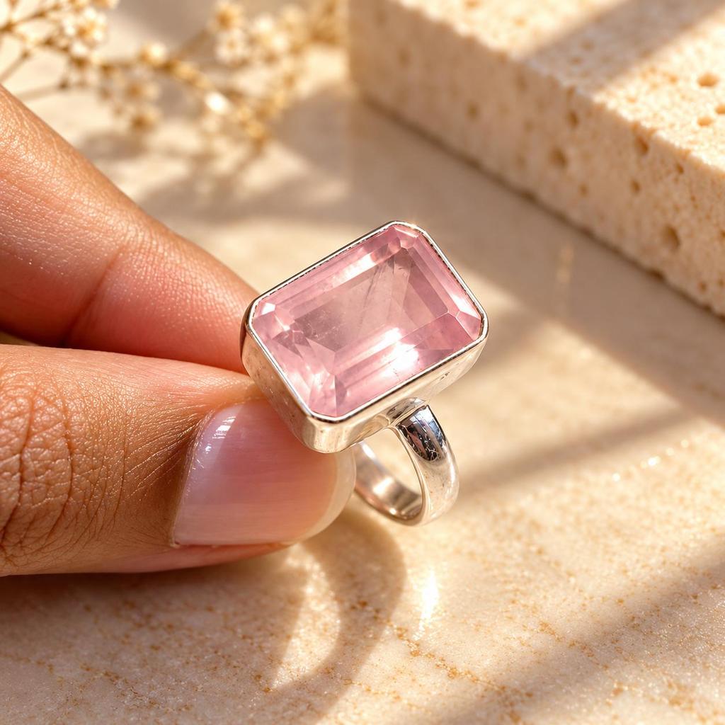 Rose Quartz Emerald Cut Ring, 925 Sterling Silver Statement Ring, Minimalist Pink Gemstone Ring, Gift for Her