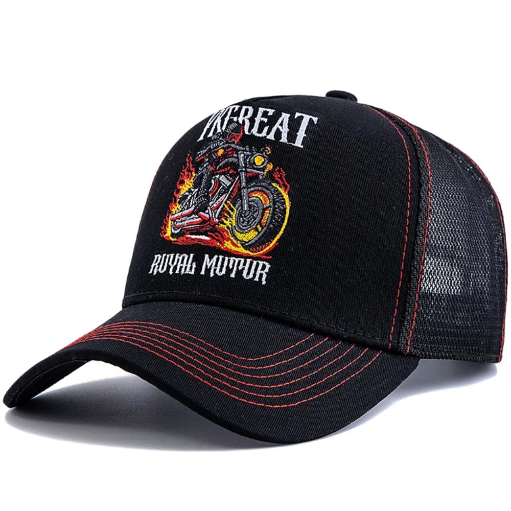 New Motorcycle Embroidered Trucker Hat Flame Biker Patch Baseball Cap For Man Woman Breathable Streetwear Summer Mesh Caps