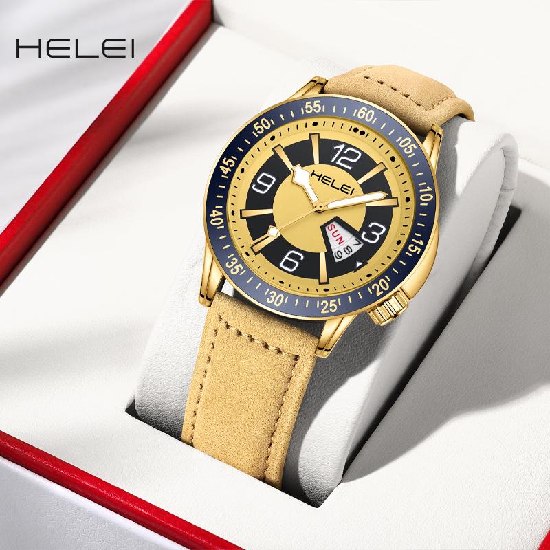 HELEI Men's Luminous Quartz Watch: Waterproof with Genuine Leather Band.