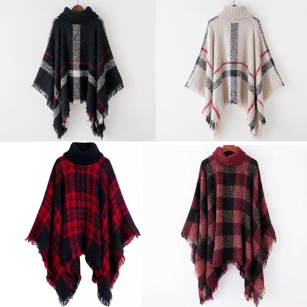 European and American High Neck Plaid Cape - Batwing Sleeve Knitted Pullover Shawl for Women