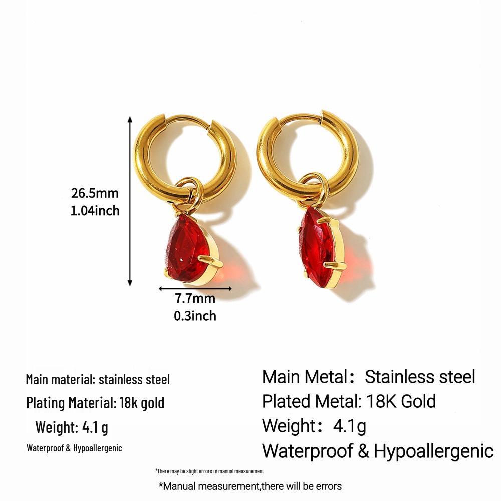 18K Gold-Plated Red Zirconia Stainless Steel Ear Studs with Titanium Steel, Light Luxury Waterproof Ear Cuffs for Women