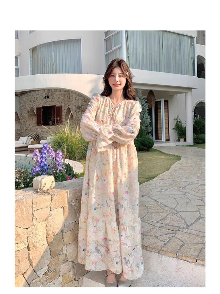 Elegant French Chic Floral Long Dress - Romantic Spring Style with Large Hem