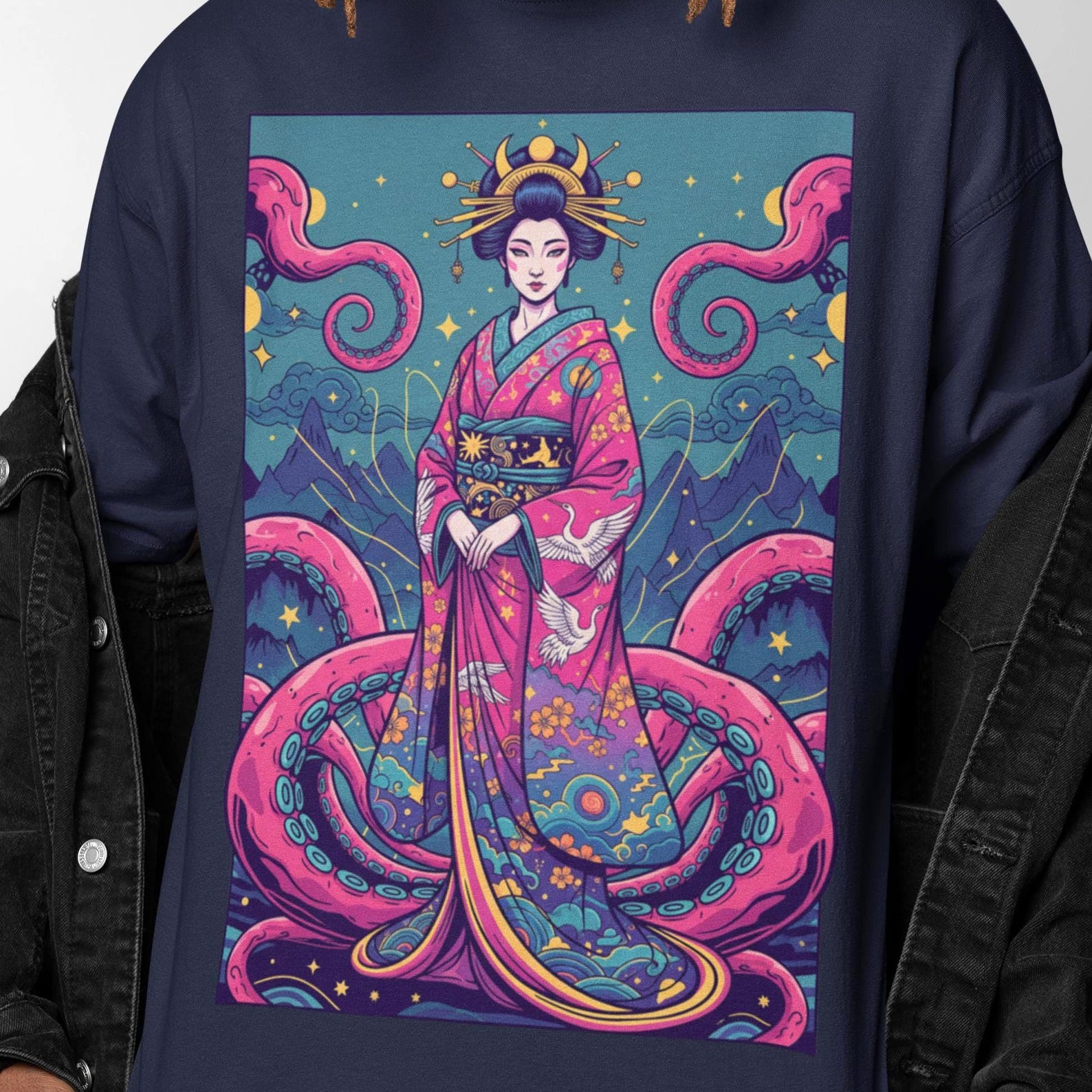 Horror Tentacles Geisha T-Shirt | Psychedelic Japanese Art | Surreal Colorful Portrait Tee | Trippy Graphic Shirt M