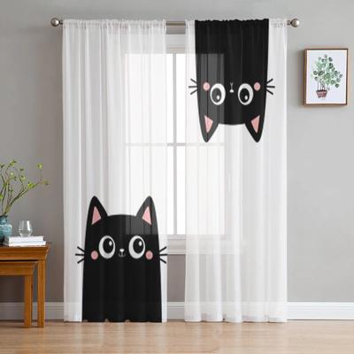 Two Black Kitten Sheer Curtains For Living Room Window Transparent Voile Tulle Curtain Bedroom Drapes Home Decor