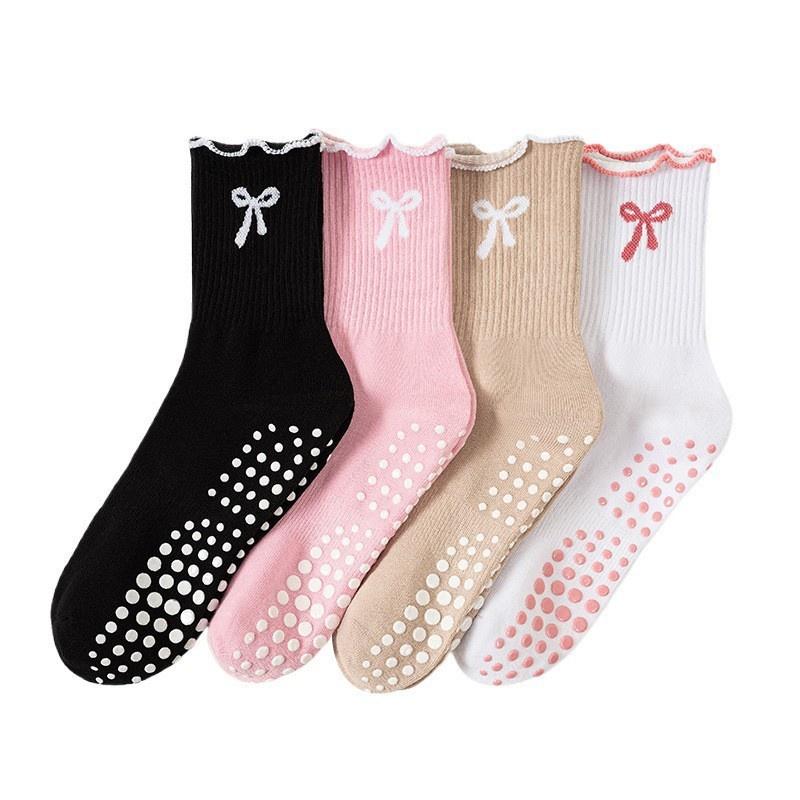 Women Pilates Grip Socks With Ruffle, Cute Non Slip Yoga Socks Bow Frilly Crew Sock For Barre Yoga Dance Workout Barefoot Fitnes