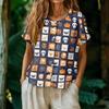 Women's Casual Henley Neck Button Front Shirt Halloween Pumpkin Print Short Sleeve Blouse Lightweight Loose Fit Top
