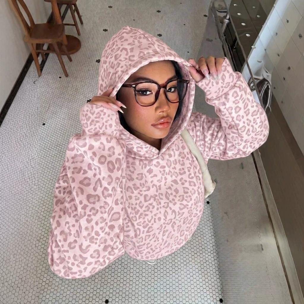 Fall Winter New Women's Hooded Pullover Leopard Print Long Sleeve Casual Sweatshirt
