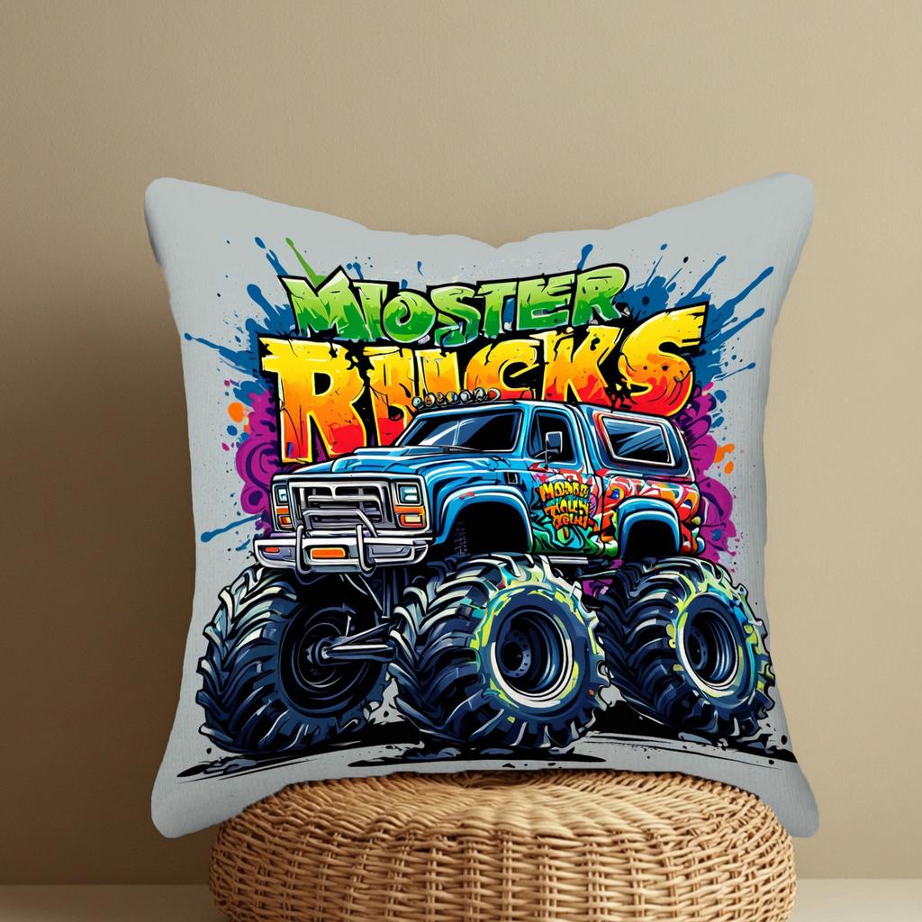 Vibrant Monster Truck With Colorful Splashes Surrounding It, Single-Sided Print, No Pillow Insert,Short Plush Cushion Cover,