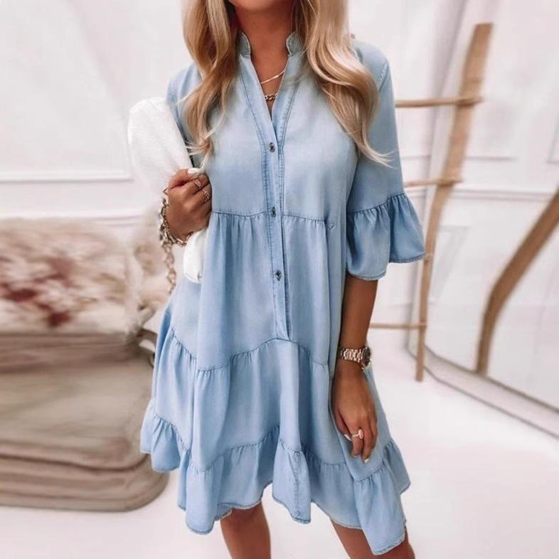 

Women s Light Blue Denim Button Front V-Neck Ruffled Hem Flared Sleeve Midi Dress XS светло-синий