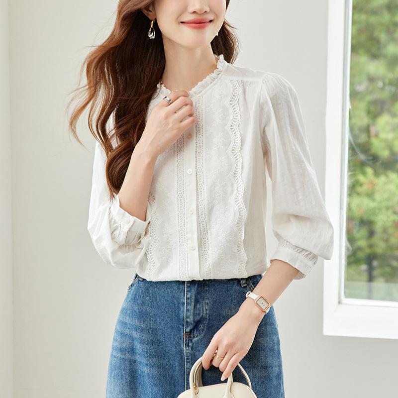 Lace Round Neck Long Sleeve Blouse for Women In Spring Latest Style Simple Commuting Versatile Comfortable Fit Leisure Top for Women